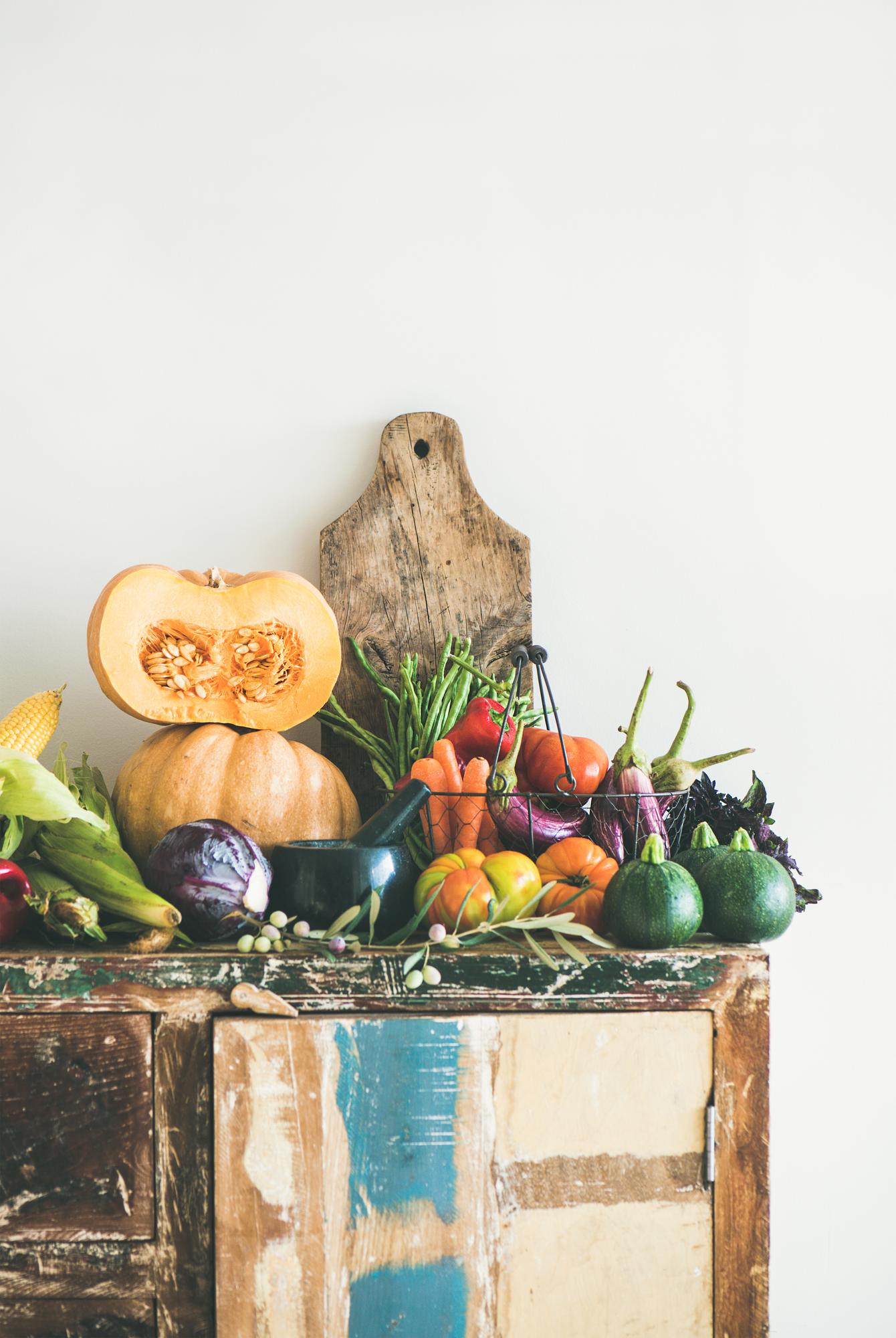 close-up of seasonal vegetables on market stall